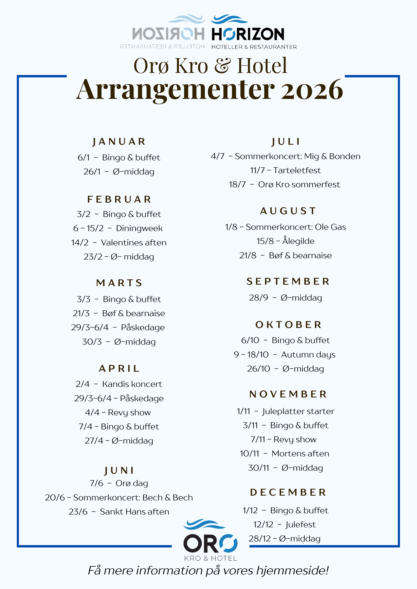 Arrangementer 2026 på Orø Kro & Hotel