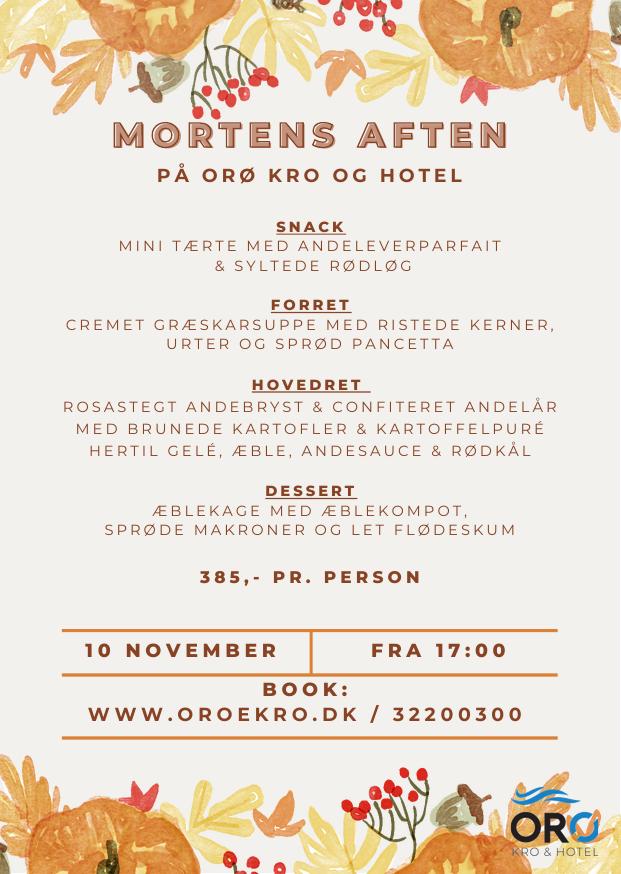 Flyer for Mortens aften på Orø Kro & Hotel